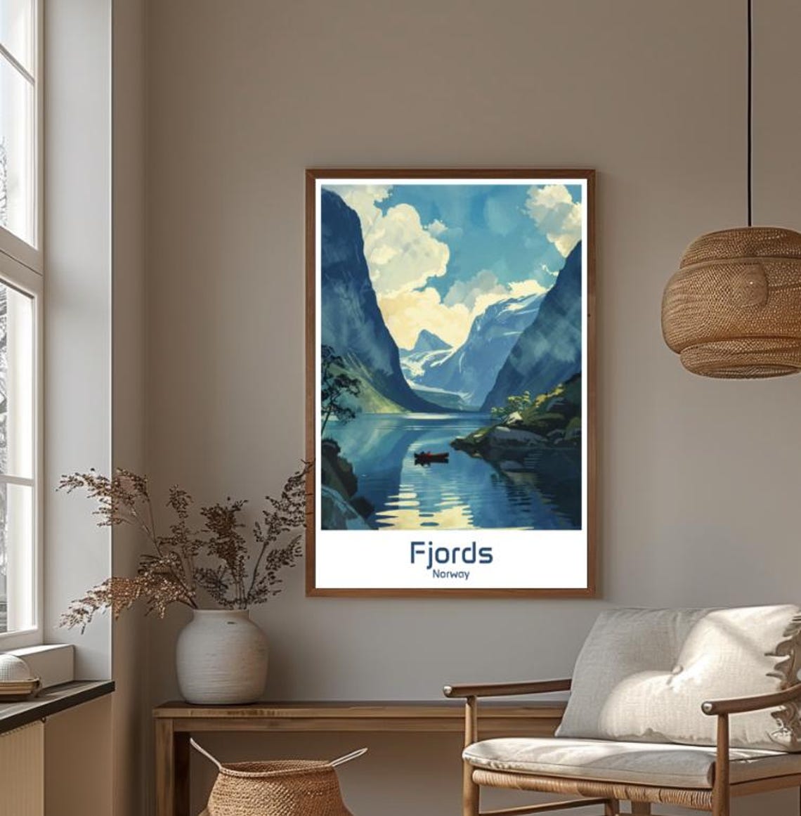 Fjords Norway Snowy Peaks Red Canoe Lake Vintage Travel Poster - Image 4