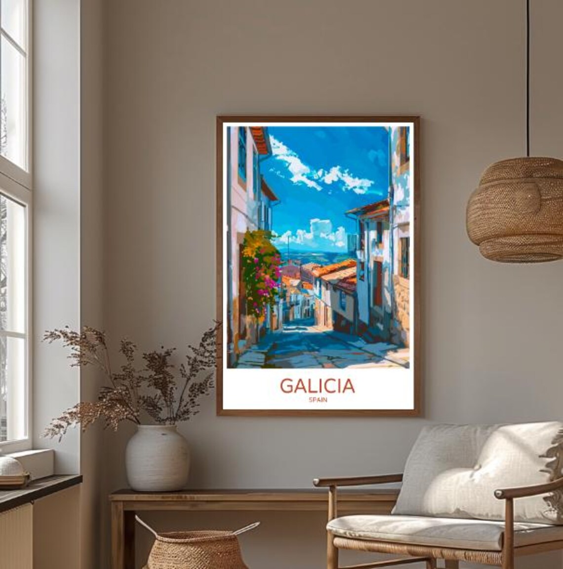 Galicia Old Town Flower-Draped Street with Valley Views Spain Poster - Image 3