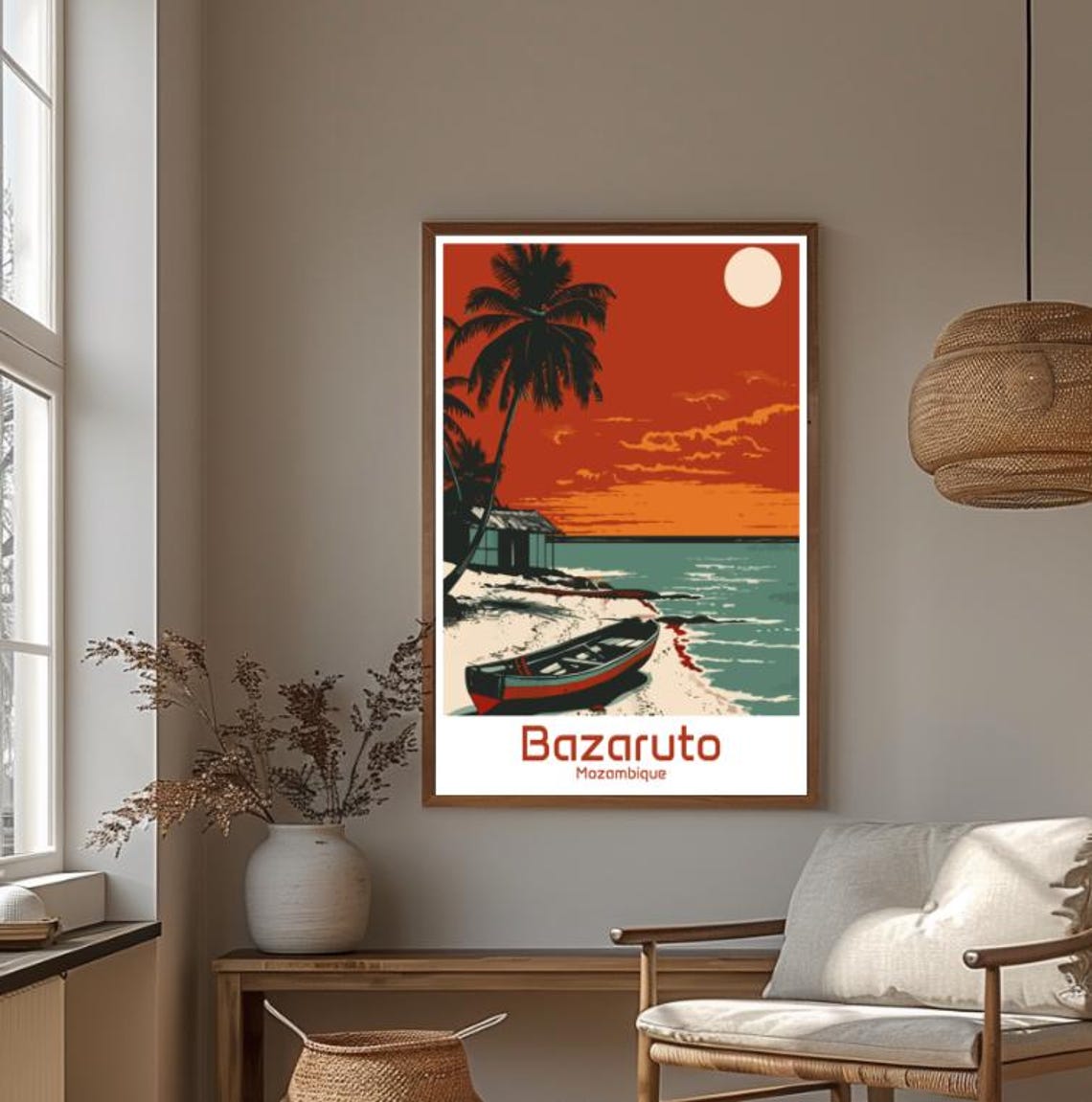 Bazaruto Mozambique Dhow Boat Beach Sunset Palms Retro Poster - Image 4