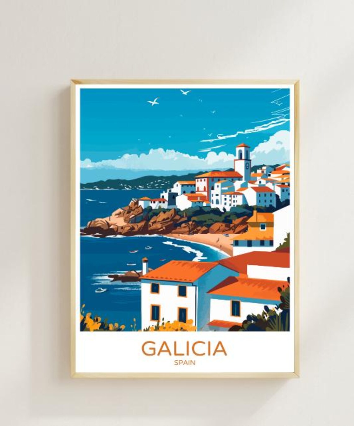 Galicia Spain Coastal Village Rocky Shore Vintage Travel Poster