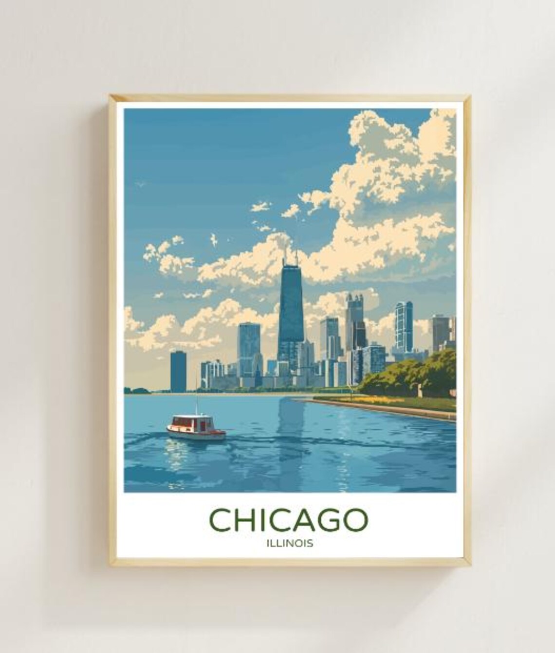 Chicago Illinois Skyline Lakefront and Boat City Travel Poster