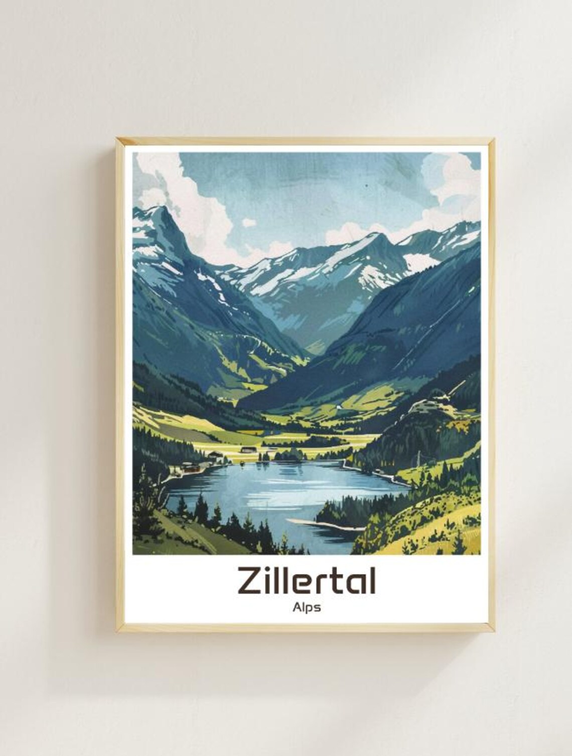 Zillertal Alps Serene Valley Lake and Snowy Peaks Travel Poster
