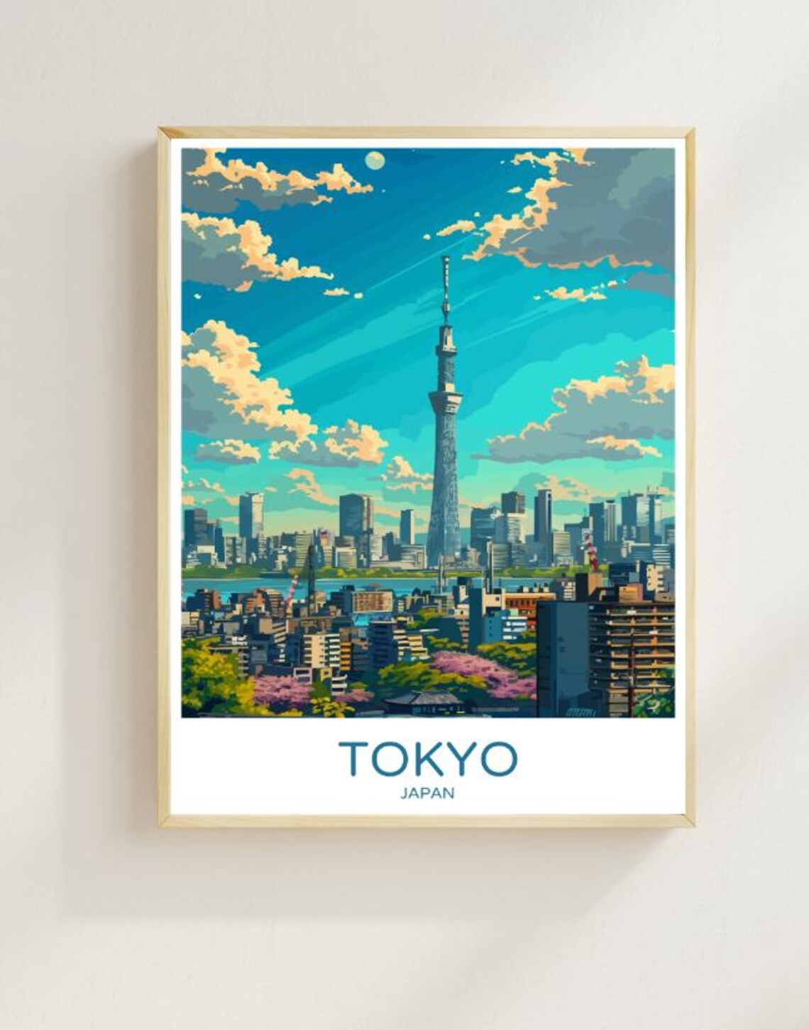 Tokyo Skytree Tower Cityscape with Cherry Blossom Travel Poster