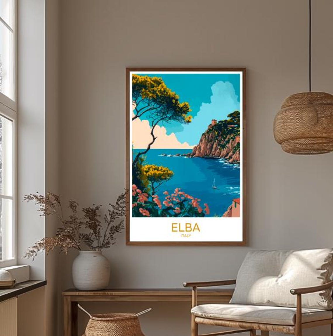 Elba Italy Travel Poster with a Rocky Cove, Cliffs and Pine Trees - Image 3