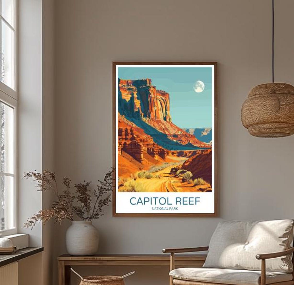 Capitol Reef National Park Red Rock Cliffs and Moon Travel Poster - Image 3