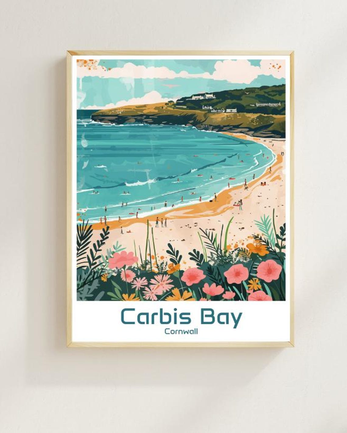 Carbis Bay Cornwall Crescent Beach Bathers and Flowers Poster