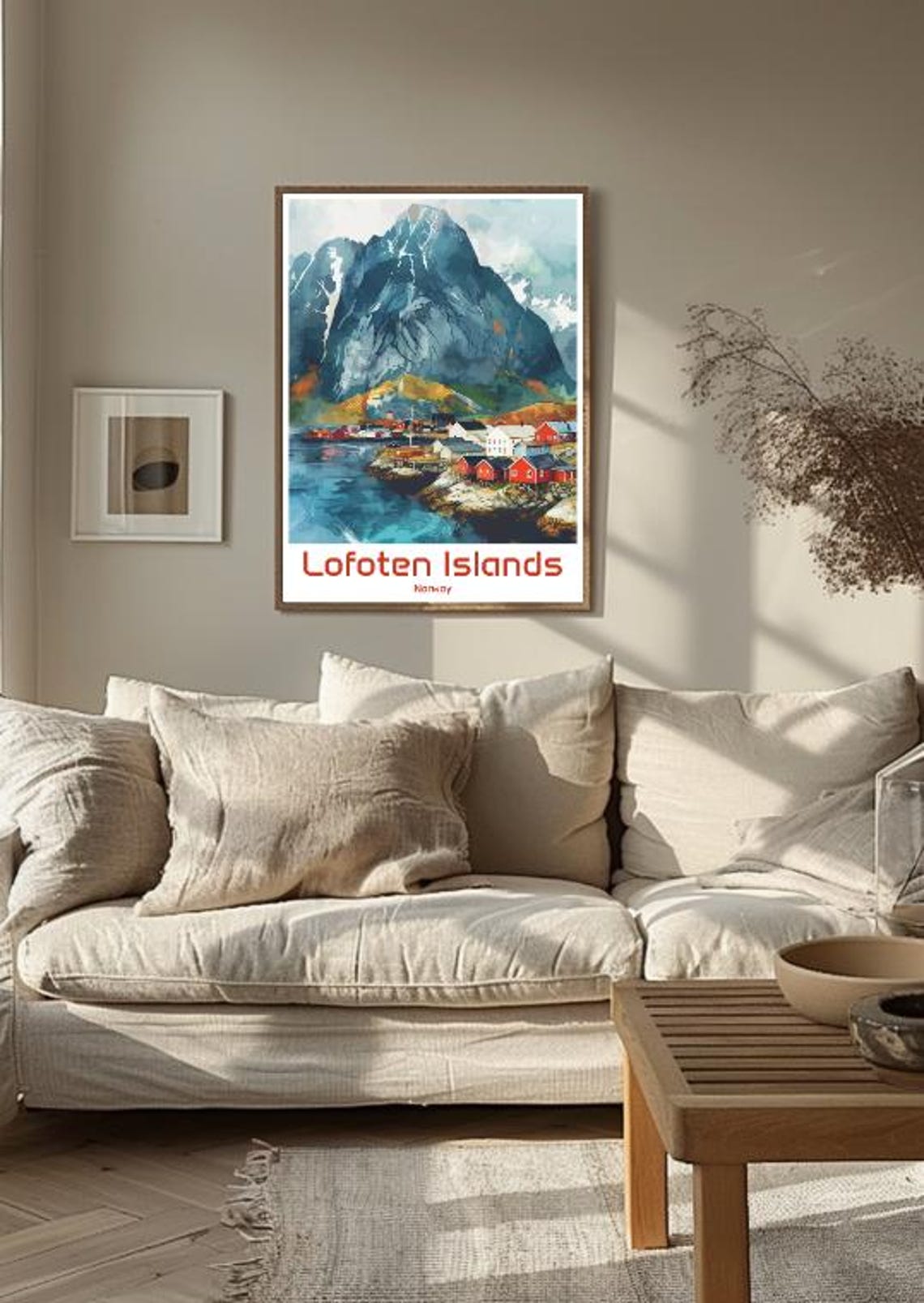 Lofoten Islands Norway Red Rorbu Cabins Arctic Peak View Poster - Image 3