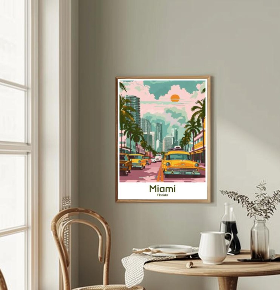 Miami Florida Retro Street Classic Cars Sunset Travel Poster - Image 2
