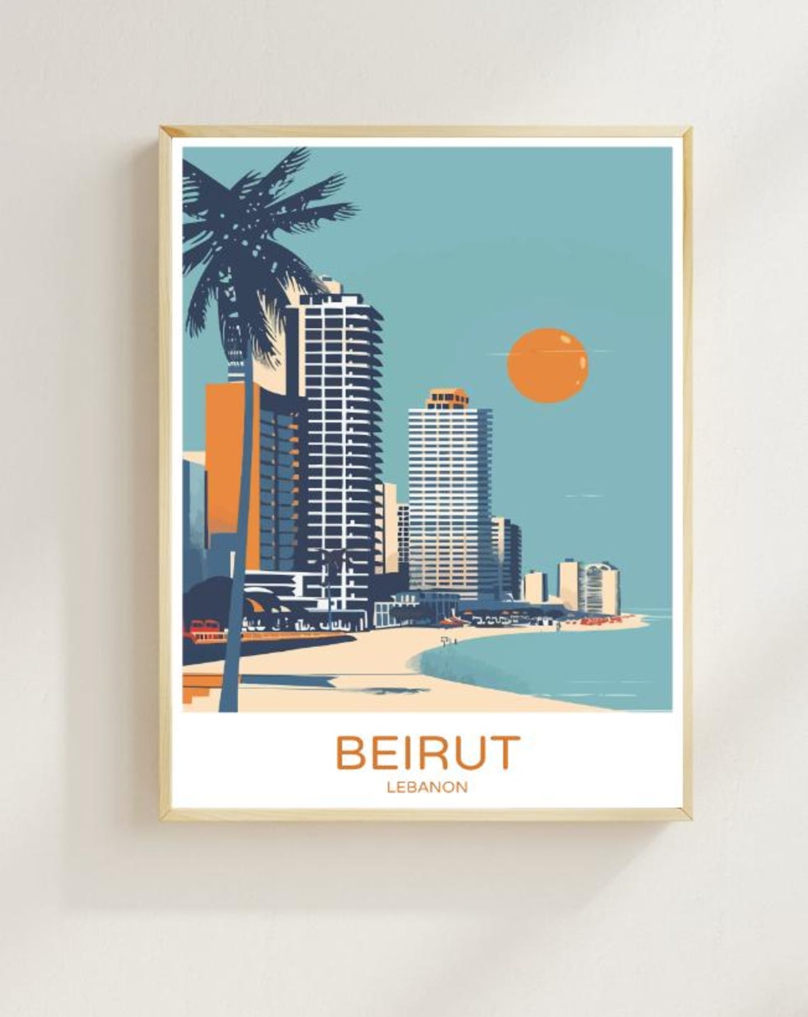 Beirut Lebanon Beachfront Towers and Palm Silhouette Sunset Poster