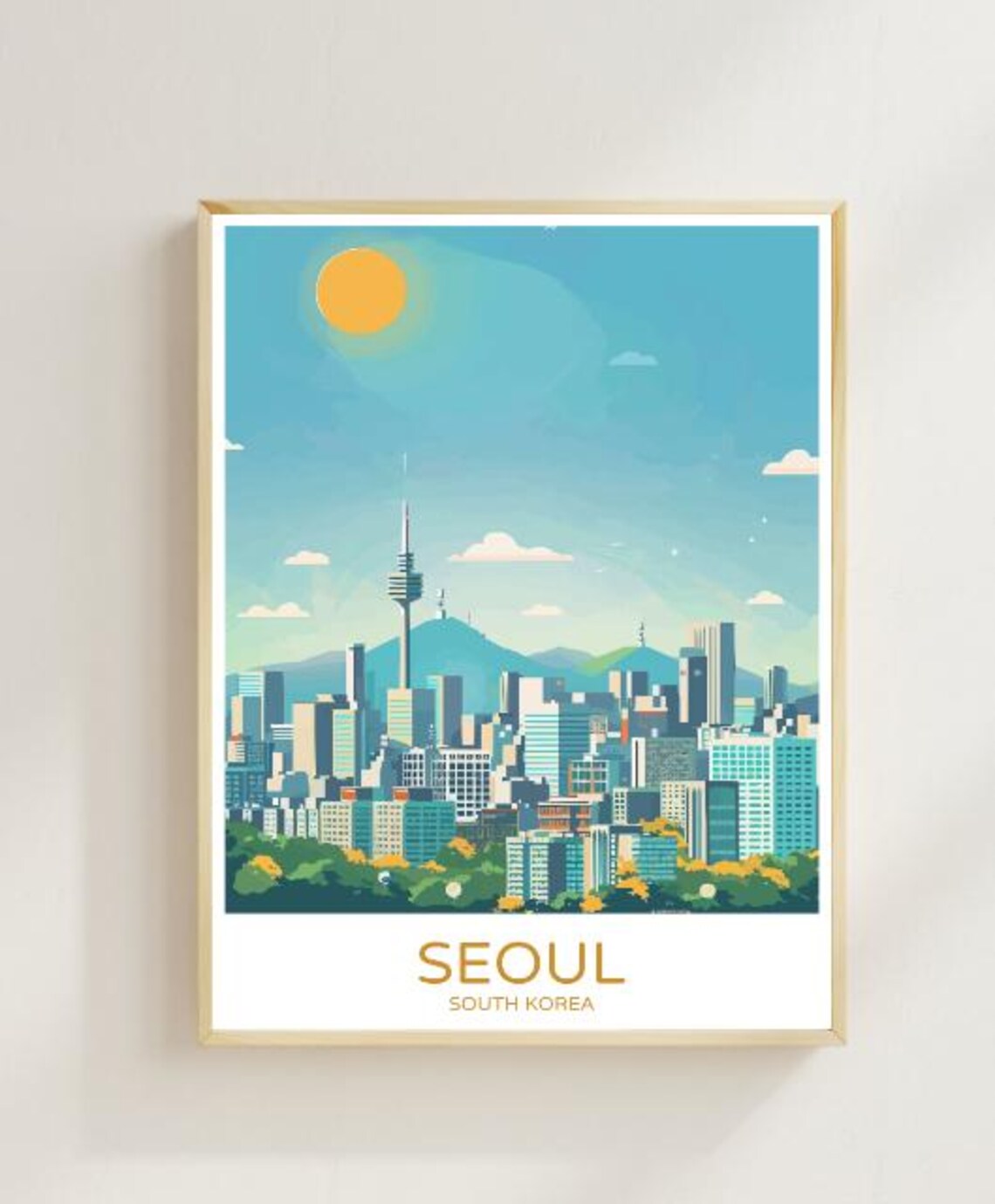 Golden Seoul South Korea N Tower City Skyline Sun Travel Poster