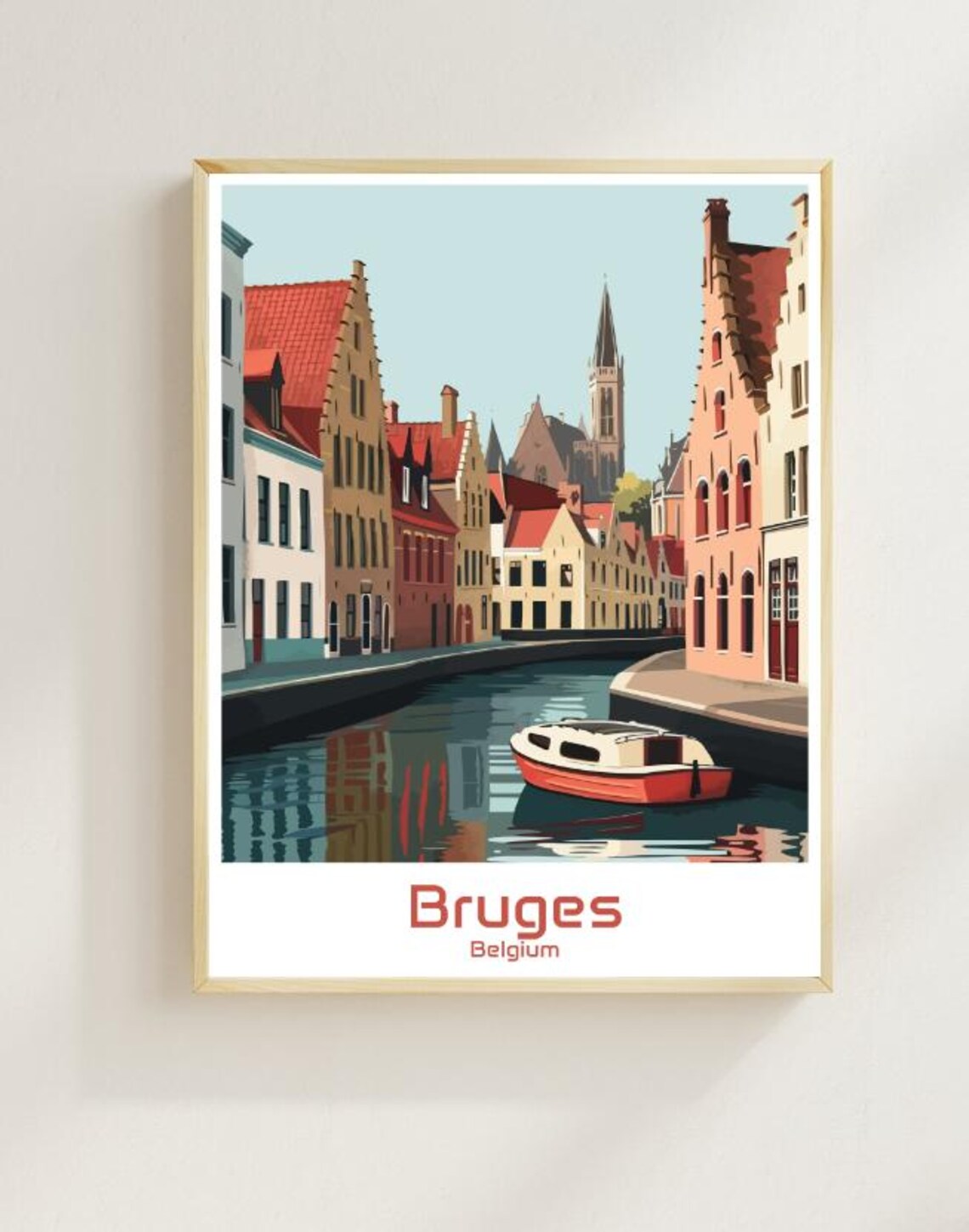 Bruges Belgium Medieval Canal with Red Boat Vintage Travel Poster