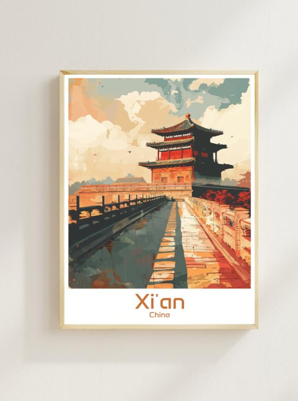 Xi'an China Ancient City Wall Historic Watchtower Moat Travel Poster