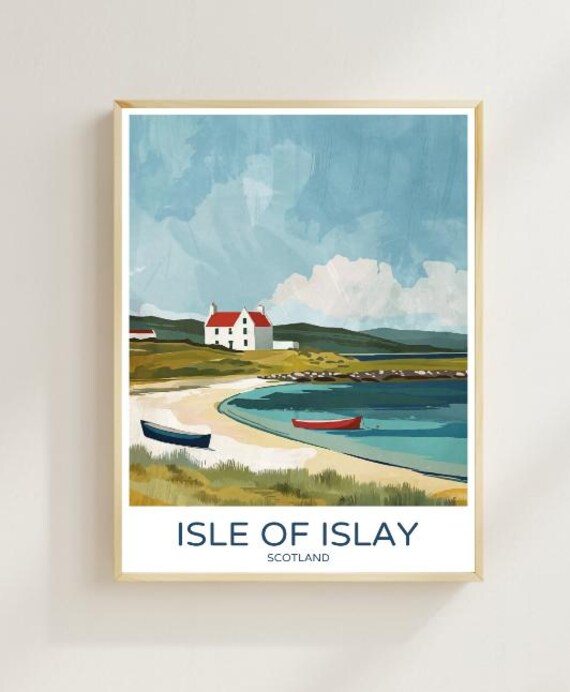 Isle Of Islay Scotland Coastal Poster With White Cottage Red Boat Beach