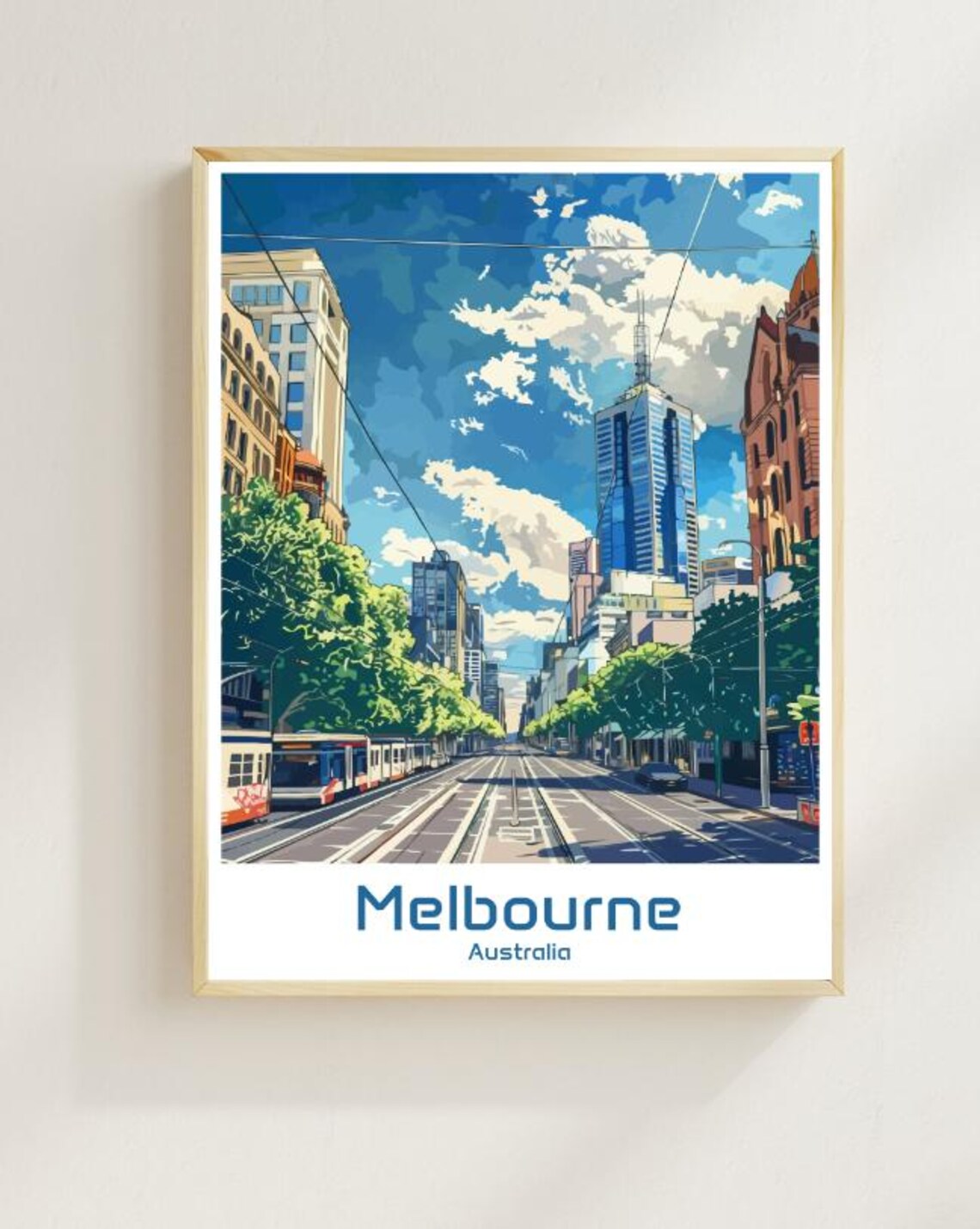 Melbourne Australia Classic Tram Street Skyline Retro Travel Poster