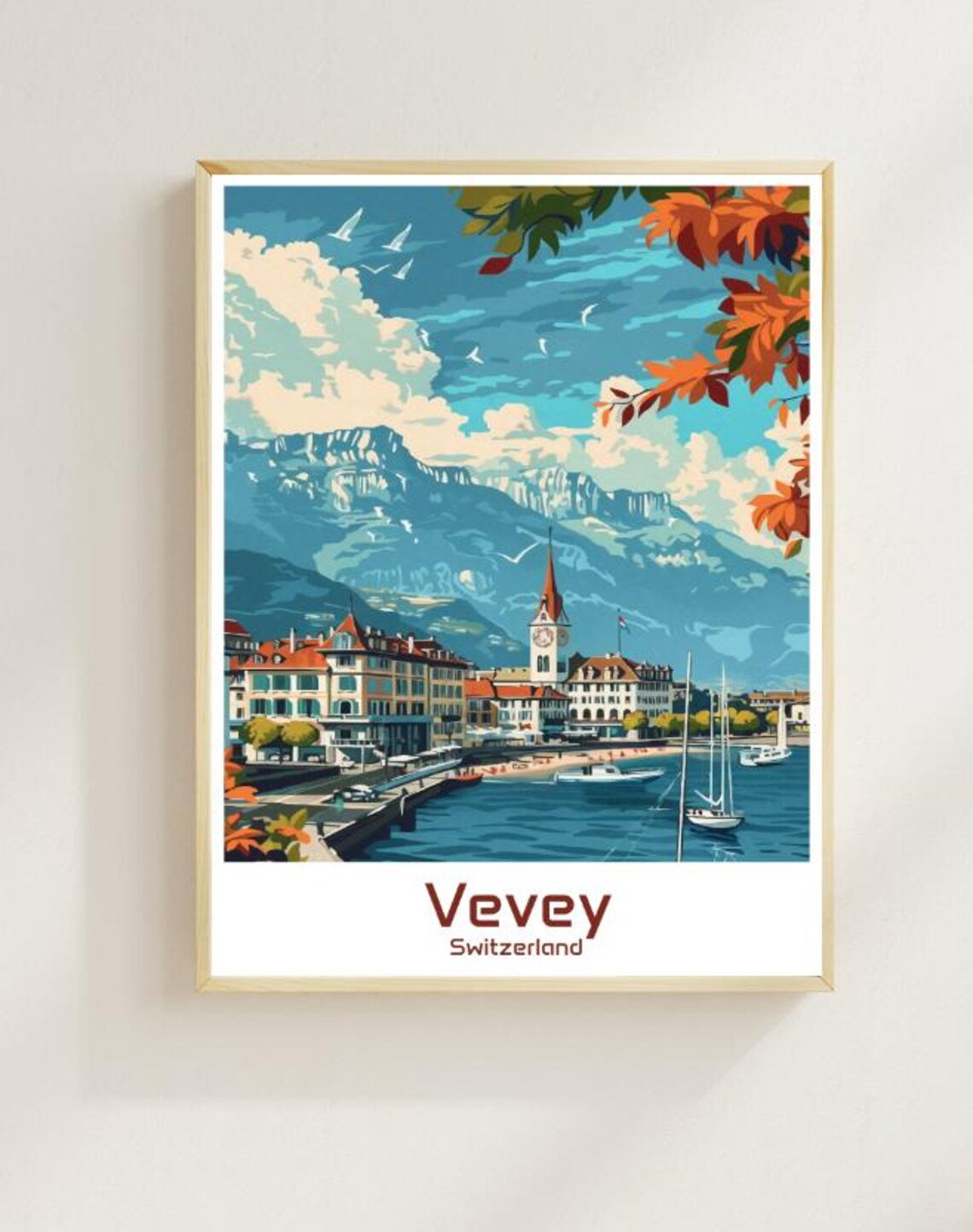 Vevey Switzerland Autumn Scenic Lakeside Village Travel Poster