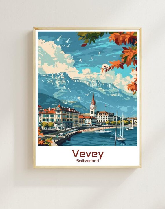 Vevey Switzerland Autumn Scenic Lakeside Village Travel Poster