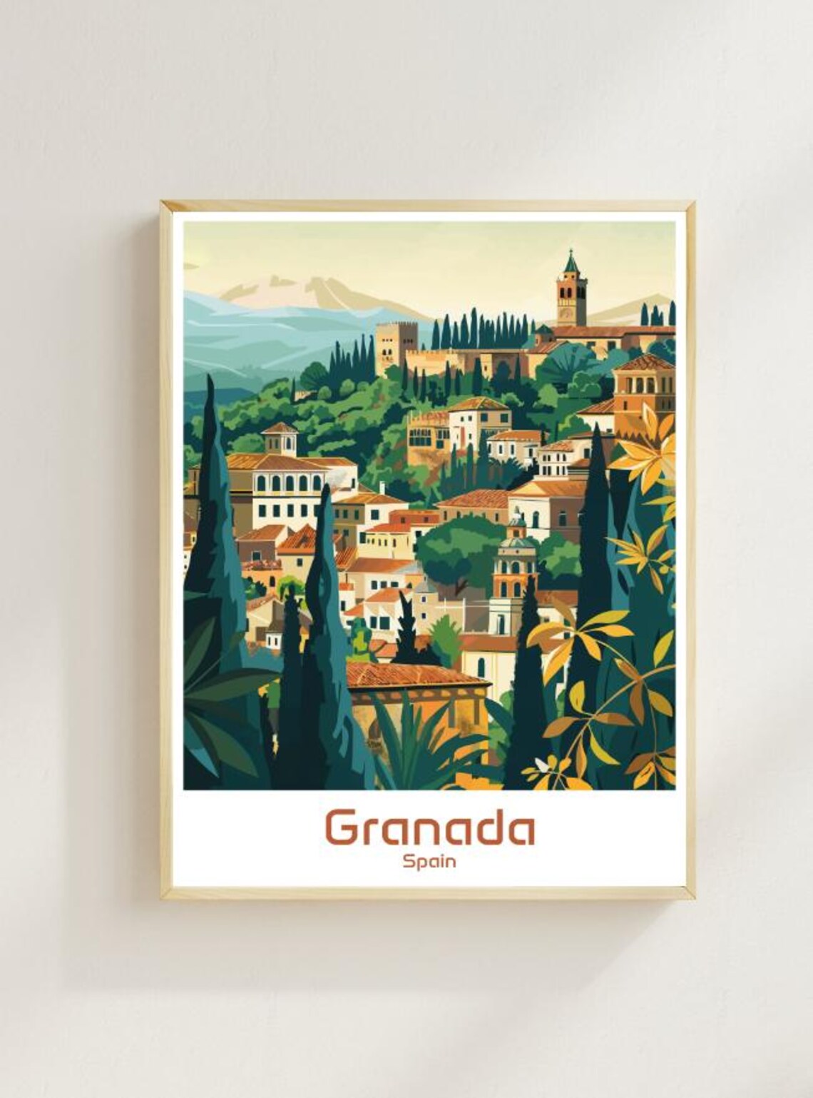 Granada Spain Alhambra Palace Hillside Rooftops Vintage Travel Poster