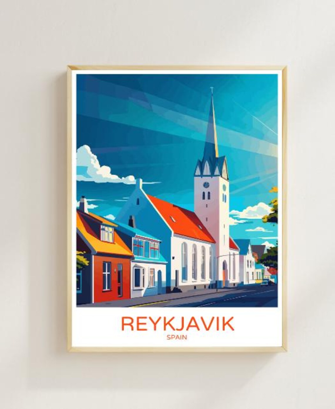 Reykjavik Spain Colorful Church Street Sunny Day Travel Poster