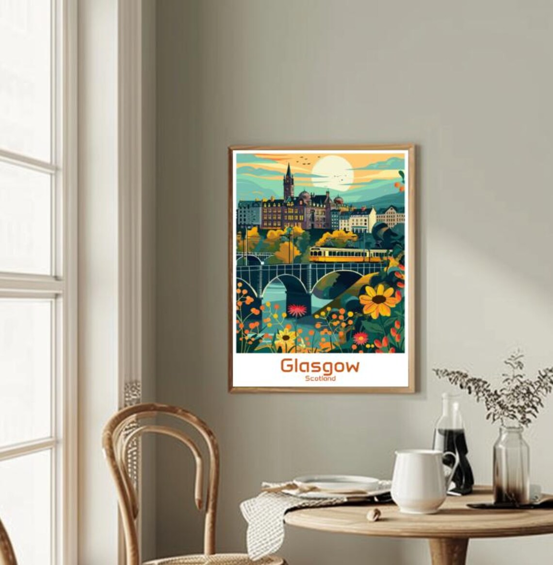 Glasgow Tram Crossing the Bridge at Sunset Scotland City Travel Poster - Image 2
