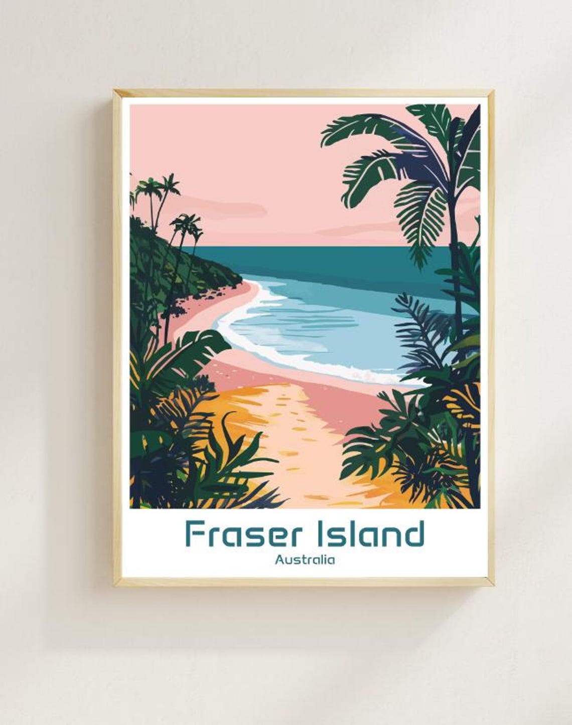 Fraser Island Australia Tropical Sunset Beach Palms and Surf Poster