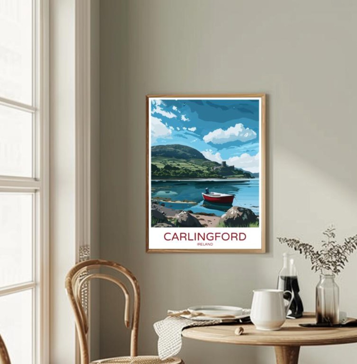 Carlingford Ireland Red Boat Mountain Lake Coastal View Poster - Image 2