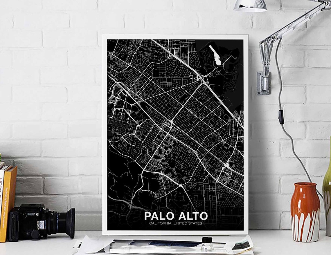 Palo Alto California Map Black White Inverse Street Plan Poster