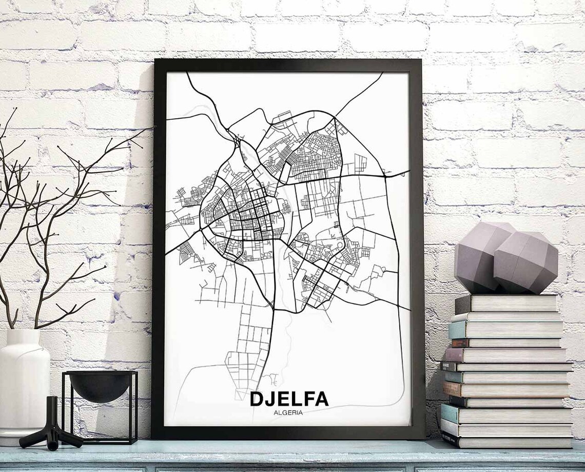 Djelfa Algeria City Map Minimalist Black White Line Art Poster