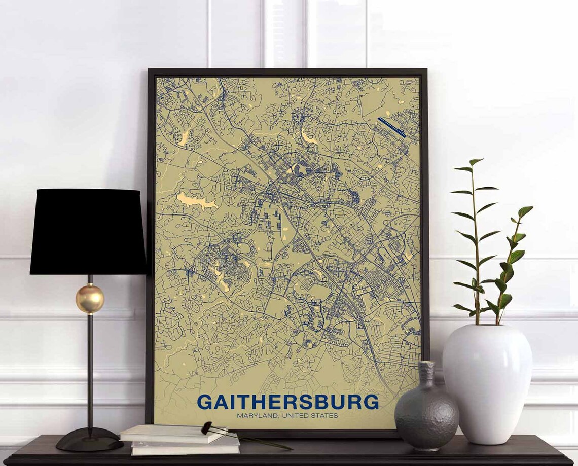 Gaithersburg Maryland Beige Blue Street Map Vintage Style Poster