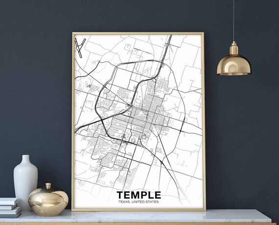 Temple Texas Tx Usa Map Poster Black White Hometown City Print Modern Home Decor Office Decoration Wall Art Dorm Bedroom Gift