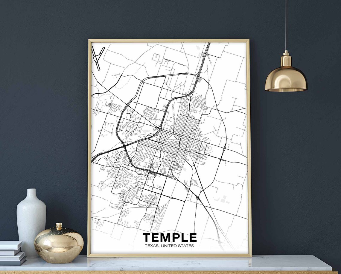 Temple Texas United States City Map Street Grid Line Art Poster