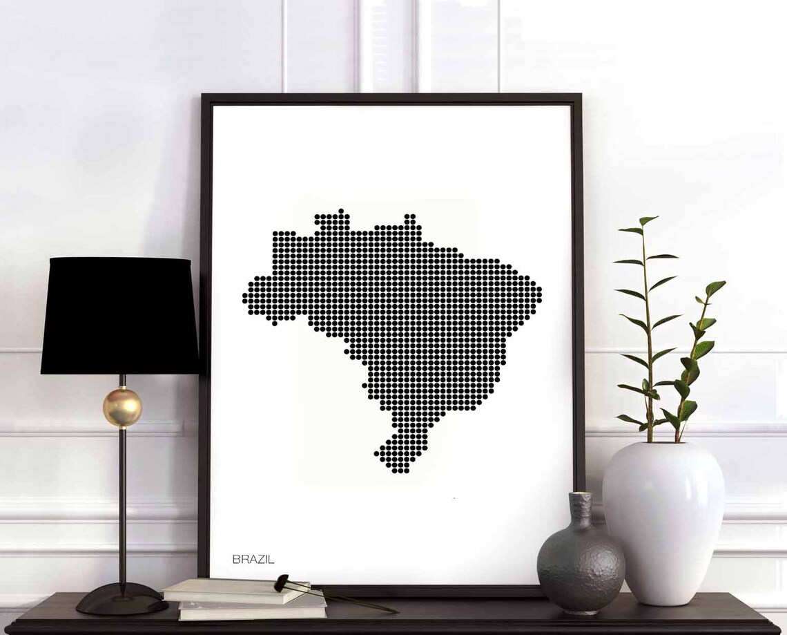 Brazil Country Dotted Map Black White Minimalist South America Map Poster