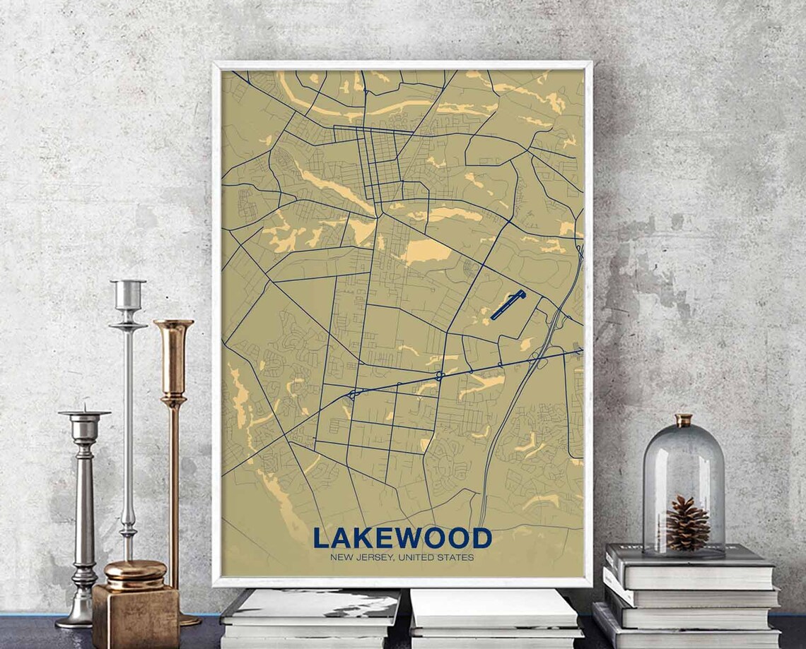 Lakewood New Jersey City Street Map Warm Olive Home Decor Poster