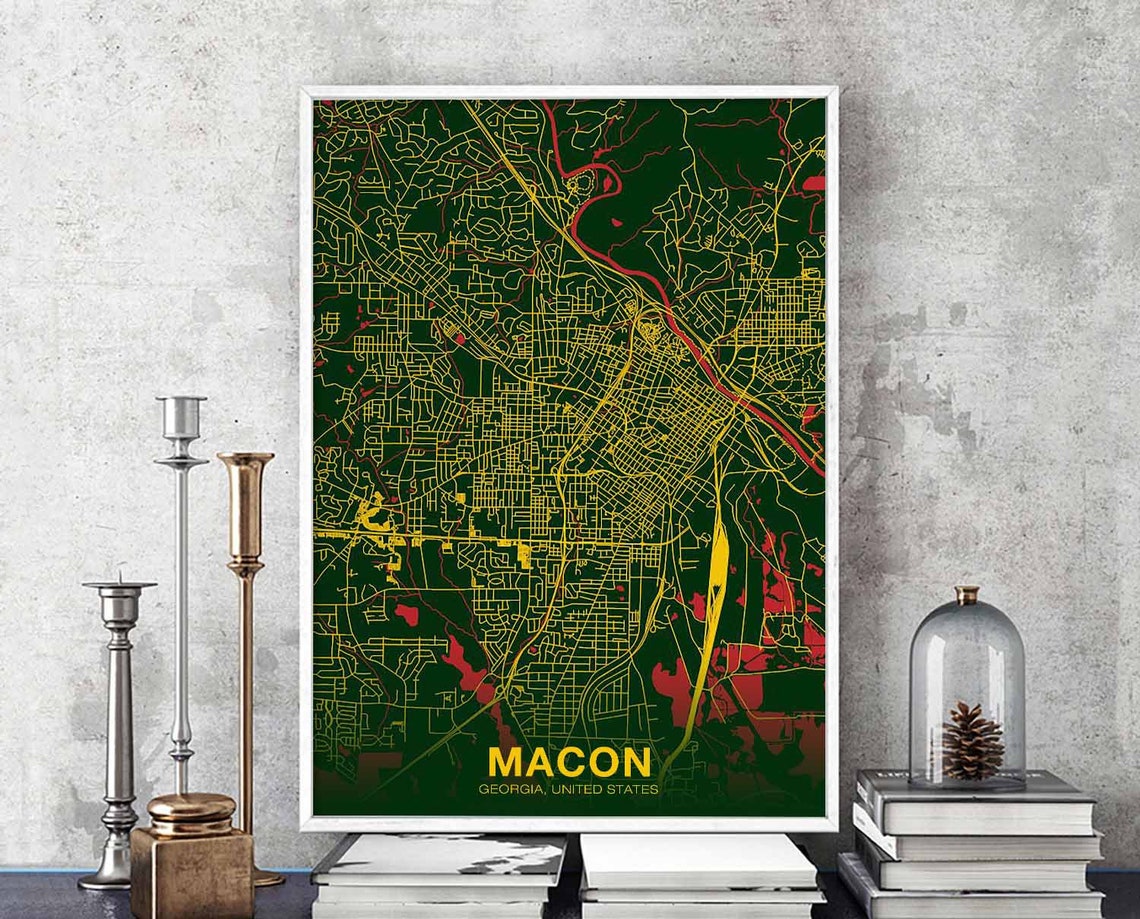 Macon Georgia Gold Linework Deep Green Bold Modern Street Map Poster