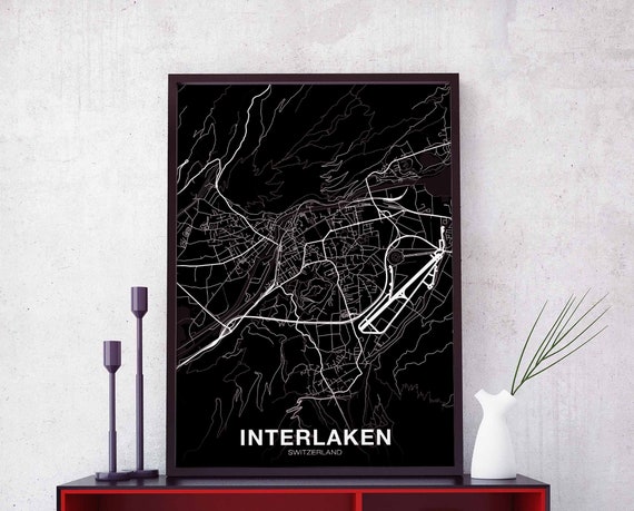 Interlaken Switzerland Map Poster Black White Hometown City Print Modern Home Decor Office Decoration Wall Art Dorm Bedroom Gift