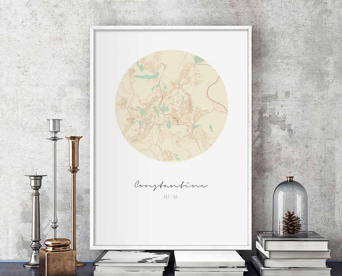 Constantine Algeria Soft Beige Mint Minimal Circular City Map Art Print