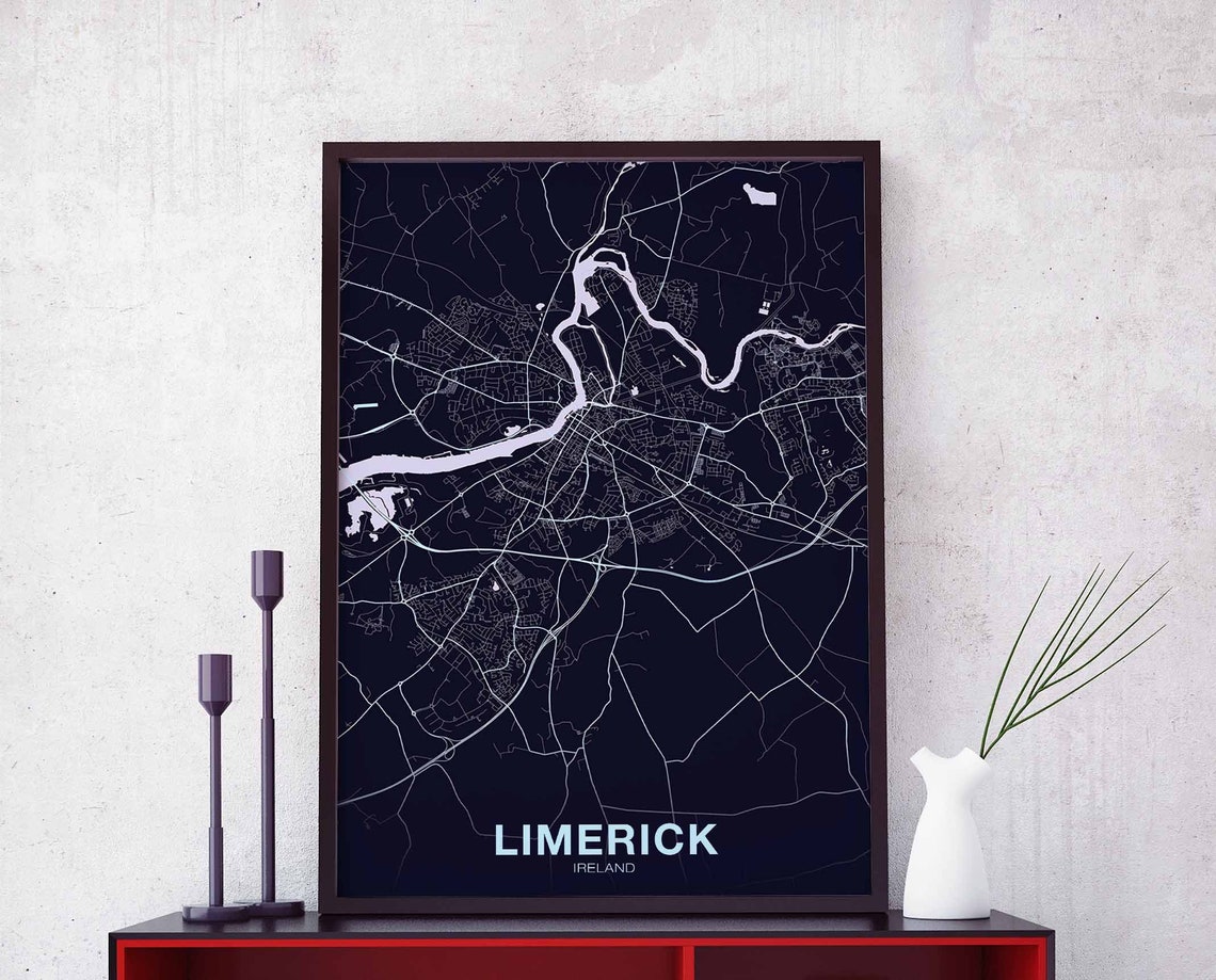 Limerick Ireland Midnight Navy Modern River City Map Art Poster