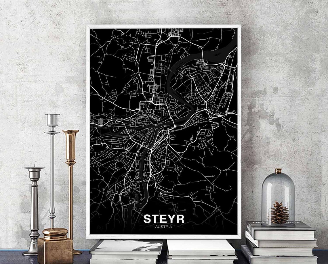 Steyr Austria Black Minimalist City Map Hometown Travel Poster