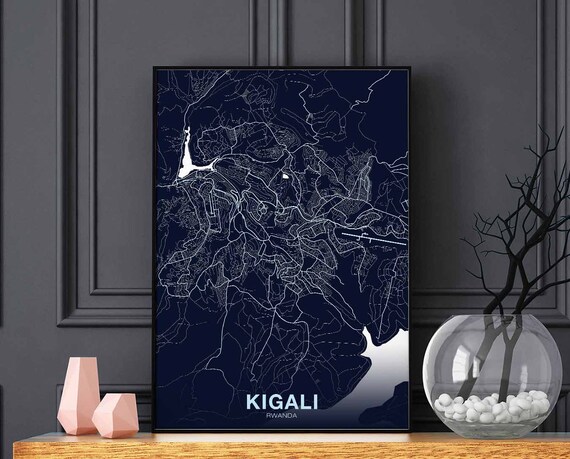 Kigali Rwanda Poster Map Night Blue Hometown City Print Modern Home Decor Office Decoration Wall Art Dorm Bedroom Gift