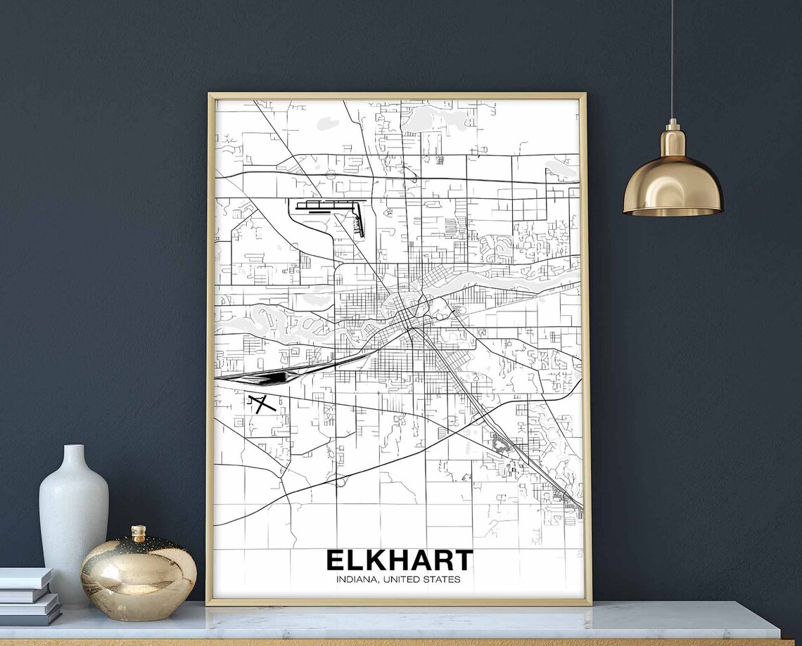 Elkhart Indiana USA Black and White City Map Modern Street Art Home Poster