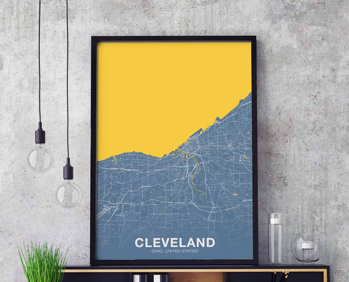 Cleveland Ohio Street Map Blue and Gold Modern City Map Poster