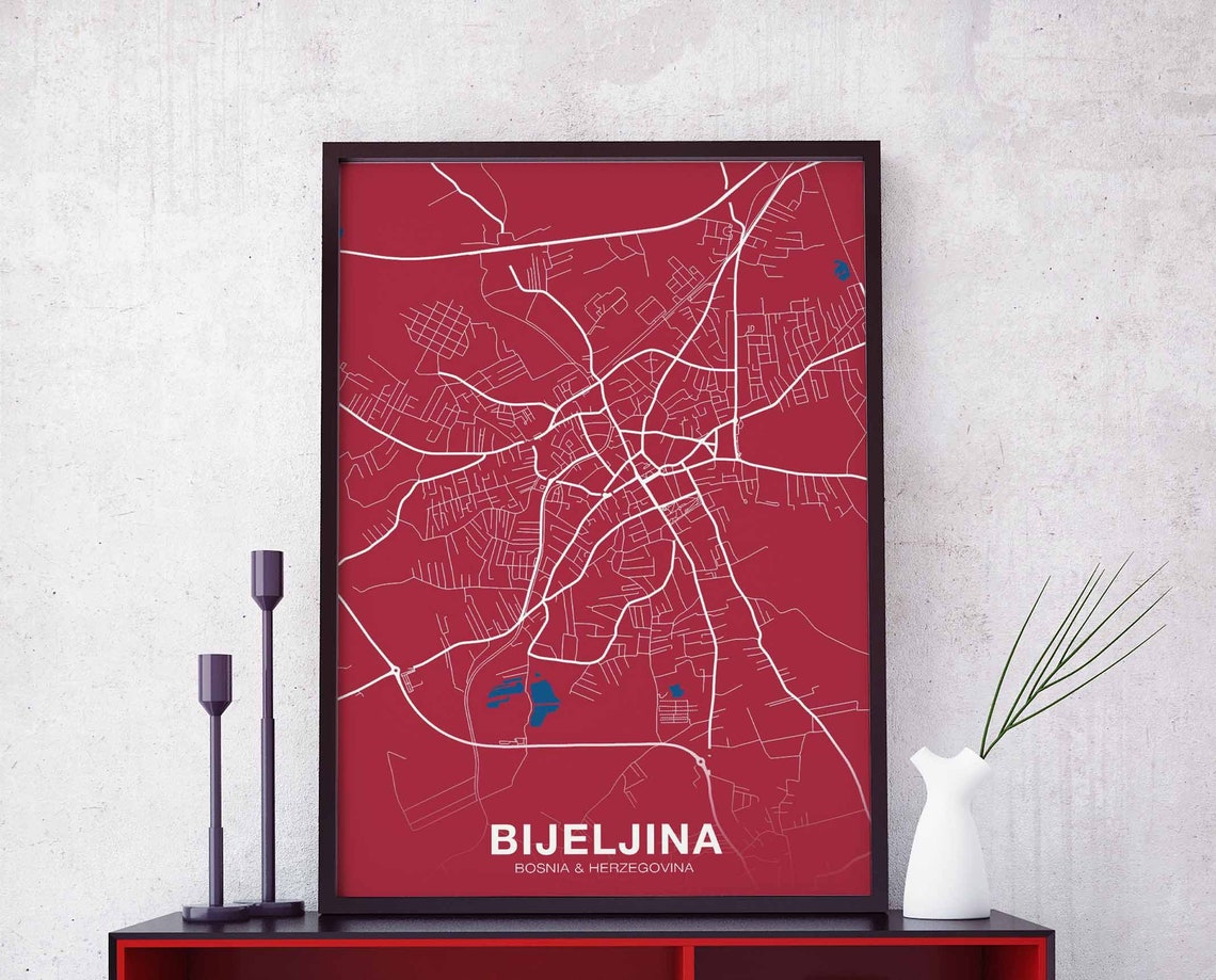 Bijeljina Bosnia Herzegovina Bold Red Night City Street Map Poster