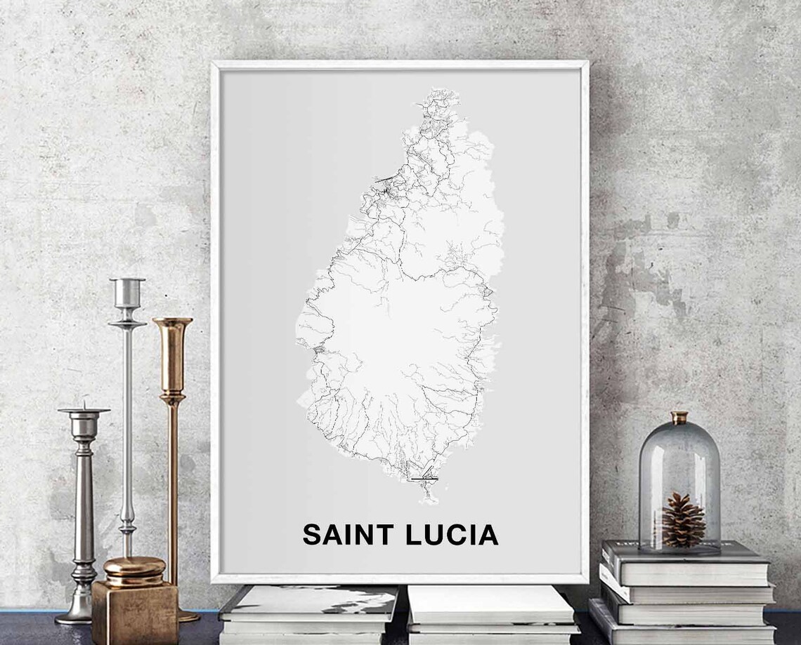 Saint Lucia Map Poster, Black White Travel Poster