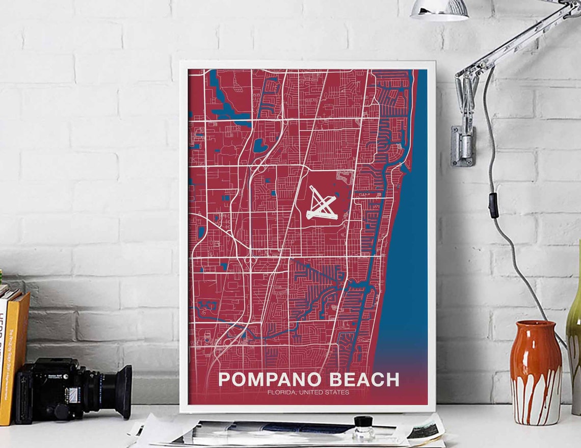 Pompano Beach Florida Hometown Map Red Blue Coastal City Wall Art