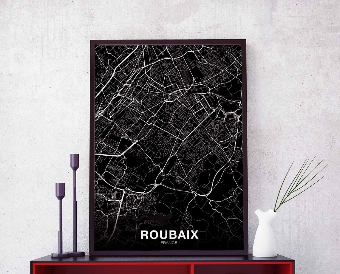 Roubaix France Dramatic Black and White Street Map City Poster
