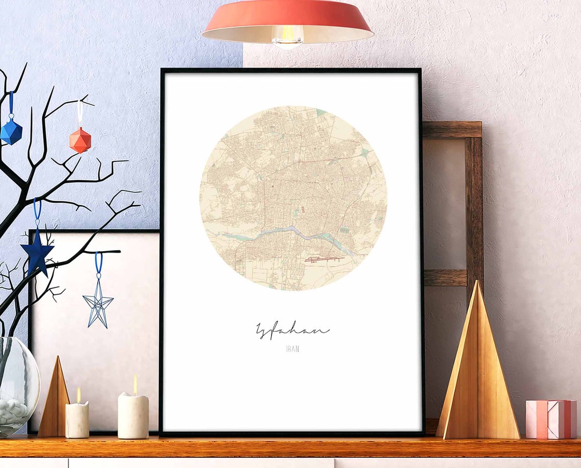 Isfahan Iran Round Map Minimalist Beige Script Hometown Poster