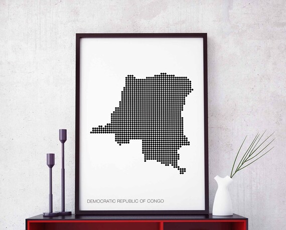 Congo Democratic Republic Minimal Dots Retro Map Poster Black White Wall Decor Design Modern Swiss Scandinavian Nordic Housewarming Travel