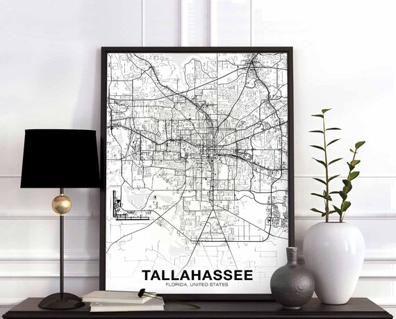 Tallahassee Florida Fl Usa Map Poster Black White Hometown City Print Modern Home Decor Office Decoration Wall Art Dorm Bedroom Gift