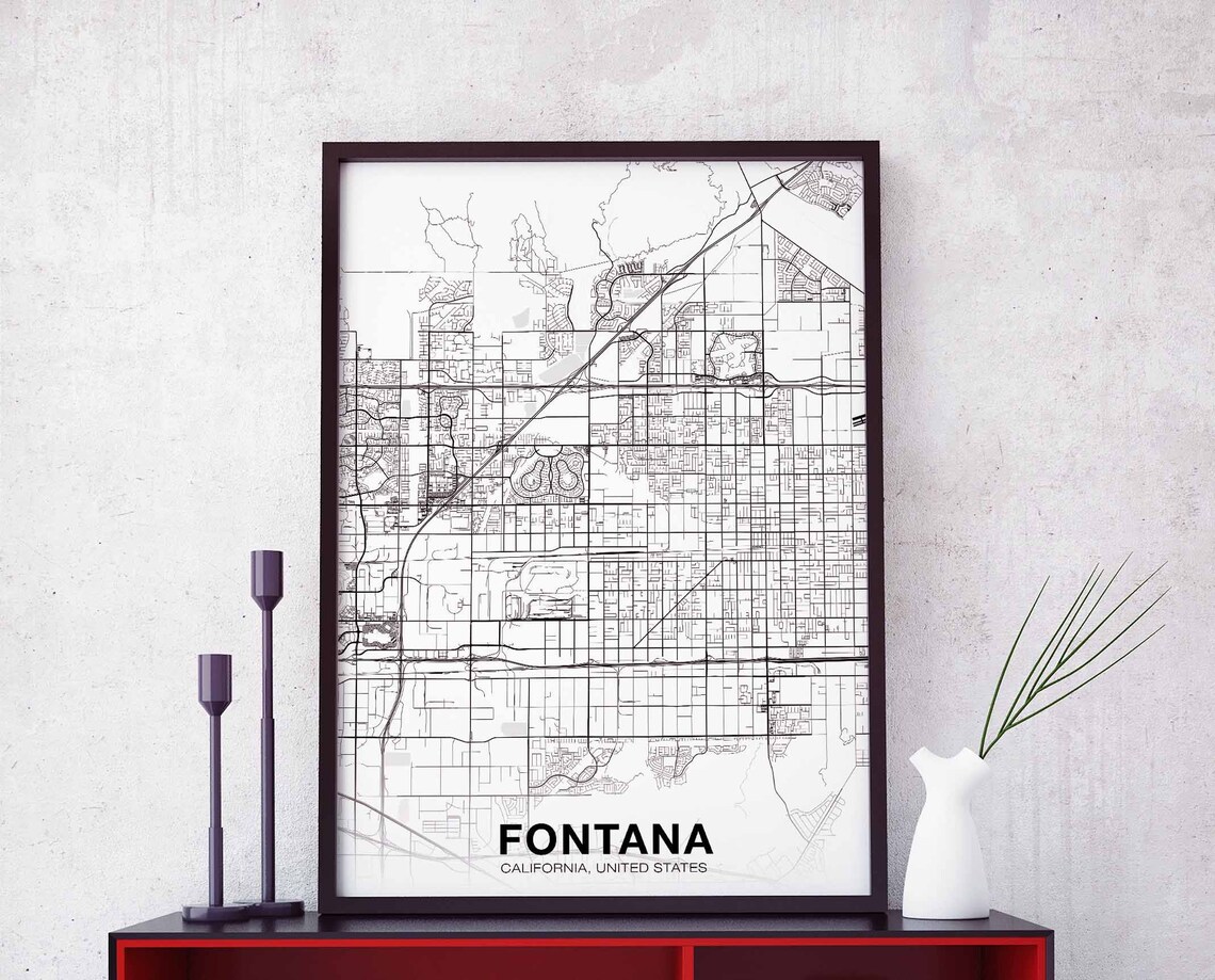 Bold Modern Fontana California White City Street Map Wall Poster