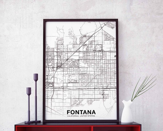 Fontana Ca Usa Map Poster Black White Hometown City Print Modern Home Decor Office Decoration Wall Art Dorm Bedroom Gift