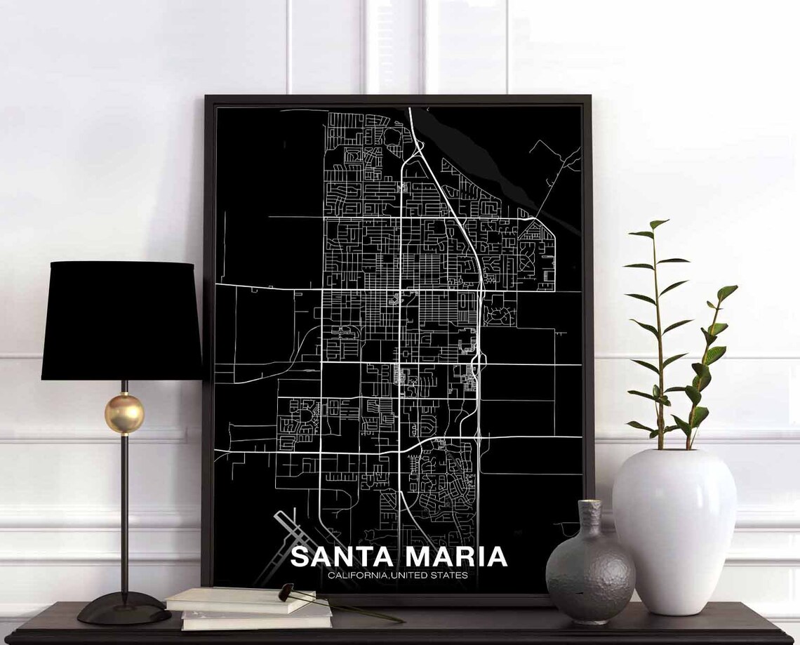 Santa Maria California Black Street Map White Line City Poster